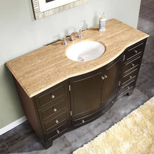 Load image into Gallery viewer, SILKROAD EXCLUSIVE HYP-0703-T-UWC-55 55&quot; Single Bathroom Vanity in Dark Espresso with Travertine, White Oval Sink, Top Angled View