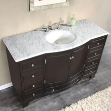 Load image into Gallery viewer, SILKROAD EXCLUSIVE HYP-0703-WM-UWC-55 55&quot; Single Bathroom Vanity in Dark Espresso with Carrara White Marble, White Oval Sink, Top Angled View