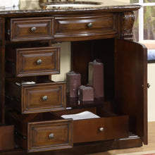 Load image into Gallery viewer, SILKROAD EXCLUSIVE HYP-0712-BB-UIC-60 60&quot; Double Bathroom Vanity in American Walnut with Baltic Brown Granite, Ivory Oval Sinks, Open Doors and Drawers Closeup