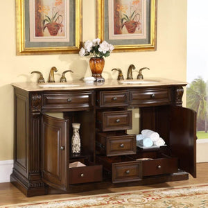 SILKROAD EXCLUSIVE HYP-0712-T-UIC-60 60" Double Bathroom Vanity in American Walnut with Travertine, Ivory Oval Sinks, Open Doors and Drawers