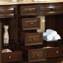 Load image into Gallery viewer, SILKROAD EXCLUSIVE HYP-0712-T-UIC-60 60&quot; Double Bathroom Vanity in American Walnut with Travertine, Ivory Oval Sinks, Open Doors and Drawers Closeup