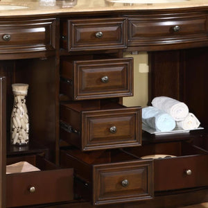 SILKROAD EXCLUSIVE HYP-0712-T-UIC-60 60" Double Bathroom Vanity in American Walnut with Travertine, Ivory Oval Sinks, Open Doors and Drawers Closeup