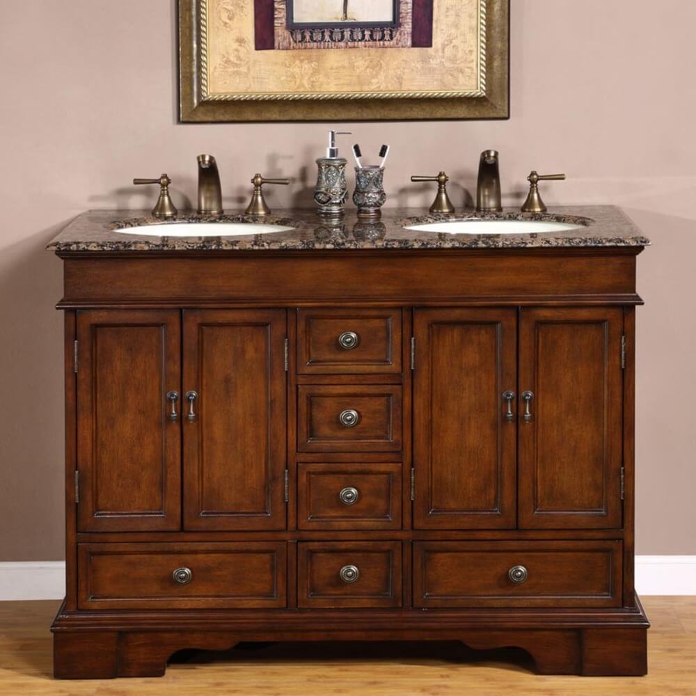 SILKROAD EXCLUSIVE HYP-0715-BB-UIC-48 48" Double Bathroom Vanity in Red Chestnut with Baltic Brown Granite, Ivory Oval Sinks, Front View