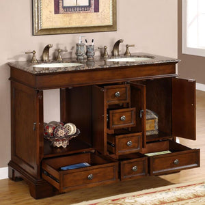 SILKROAD EXCLUSIVE HYP-0715-BB-UIC-48 48" Double Bathroom Vanity in Red Chestnut with Baltic Brown Granite, Ivory Oval Sinks, Open Doors and Drawers