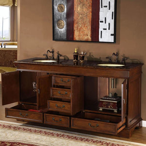 SILKROAD EXCLUSIVE HYP-0715-BB-UIC-72 72" Double Bathroom Vanity in Red Chestnut with Baltic Brown Granite, Ivory Oval Sinks, Open Doors and Drawers