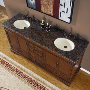 SILKROAD EXCLUSIVE HYP-0715-BB-UIC-72 72" Double Bathroom Vanity in Red Chestnut with Baltic Brown Granite, Ivory Oval Sinks, Top Angled View