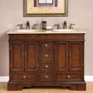SILKROAD EXCLUSIVE HYP-0715-T-UIC-48 48" Double Bathroom Vanity in Red Chestnut with Travertine, Ivory Oval Sinks, Front View