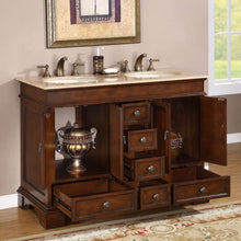 Load image into Gallery viewer, SILKROAD EXCLUSIVE HYP-0715-T-UIC-48 48&quot; Double Bathroom Vanity in Red Chestnut with Travertine, Ivory Oval Sinks, Open Doors and Drawers
