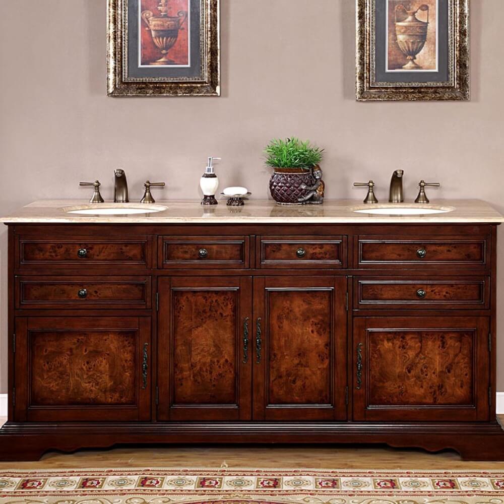 SILKROAD EXCLUSIVE HYP-0716-T-UIC-72 72" Double Bathroom Vanity in Red Chestnut with Travertine, Ivory Oval Sinks, Front View