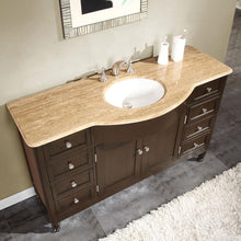 Load image into Gallery viewer, SILKROAD EXCLUSIVE HYP-0717-T-UWC-58 58&quot; Single Bathroom Vanity in Dark Walnut with Travertine, White Oval Sink, Top Angled View