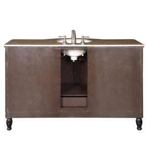 SILKROAD EXCLUSIVE HYP-0717-T-UWC-58 58" Single Bathroom Vanity in Dark Walnut with Travertine, White Oval Sink, Back View