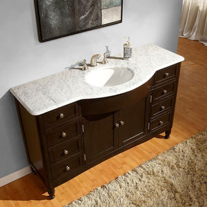 SILKROAD EXCLUSIVE HYP-0717-WM-UWC-58 58" Single Bathroom Vanity in Dark Walnut with Carrara White Marble, White Oval Sink, Top Angled View