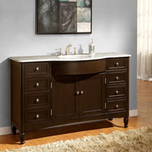 Load image into Gallery viewer, SILKROAD EXCLUSIVE HYP-0717-WM-UWC-58 58&quot; Single Bathroom Vanity in Dark Walnut with Carrara White Marble, White Oval Sink, Angled View