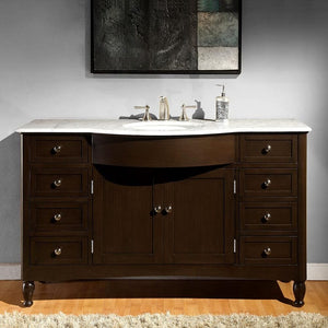 SILKROAD EXCLUSIVE HYP-0717-WM-UWC-58 58" Single Bathroom Vanity in Dark Walnut with Carrara White Marble, White Oval Sink, Front View