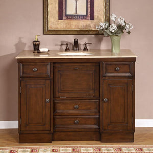 SILKROAD EXCLUSIVE HYP-0718-T-UIC-48 48" Single Bathroom Vanity in Walnut with Travertine, Ivory Oval Sink, Front View