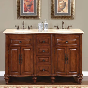 SILKROAD EXCLUSIVE HYP-0719-CM-UIC-55 55" Single Bathroom Vanity in American Chestnut with Crema Marfil Marble, Ivory Oval Sink, Front View
