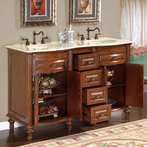 SILKROAD EXCLUSIVE HYP-0719-CM-UIC-55 55" Single Bathroom Vanity in American Chestnut with Crema Marfil Marble, Ivory Oval Sink, Open Doors and Drawers