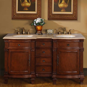 SILKROAD EXCLUSIVE HYP-0722-T-UIC-60 60" Double Bathroom Vanity in Brazilian Rosewood with Travertine, Ivory Oval Sinks, Front View