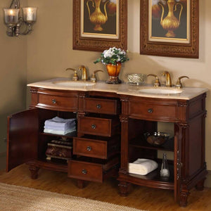 SILKROAD EXCLUSIVE HYP-0722-T-UIC-60 60" Double Bathroom Vanity in Brazilian Rosewood with Travertine, Ivory Oval Sinks, Open Doors and Drawers
