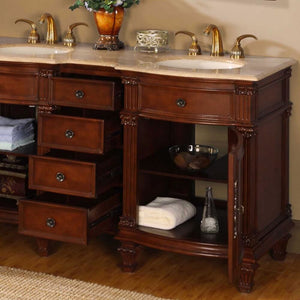 SILKROAD EXCLUSIVE HYP-0722-T-UIC-60 60" Double Bathroom Vanity in Brazilian Rosewood with Travertine, Ivory Oval Sinks, Open Doors and Drawers Closeup