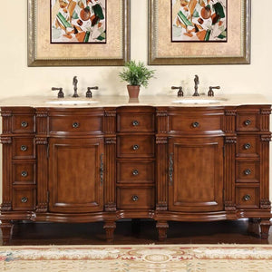 SILKROAD EXCLUSIVE HYP-0722-T-UIC-72 72" Double Bathroom Vanity in Brazilian Rosewood with Travertine, Ivory Oval Sinks, Front View