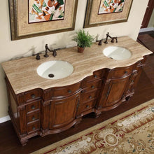 Load image into Gallery viewer, SILKROAD EXCLUSIVE HYP-0722-T-UIC-72 72&quot; Double Bathroom Vanity in Brazilian Rosewood with Travertine, Ivory Oval Sinks, Top Angled View