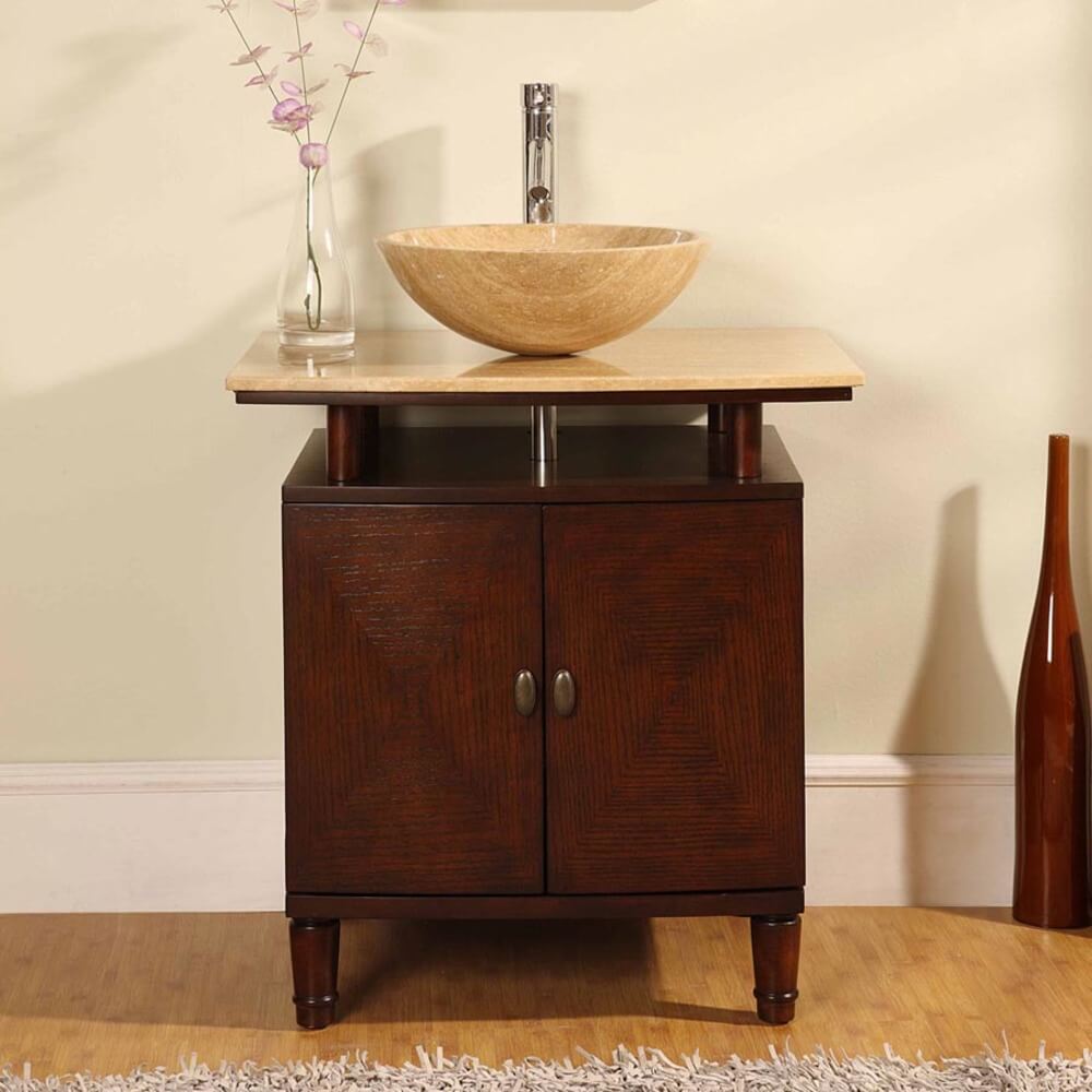 SILKROAD EXCLUSIVE HYP-0808N-T-29 29" Single Bathroom Vanity in Dark Chestnut with Travertine Top and Vessel Sink (Not Included), Front View