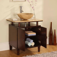 Load image into Gallery viewer, SILKROAD EXCLUSIVE HYP-0808N-T-29_S29B 29&quot; Single Bathroom Vanity in Dark Chestnut with Travertine Top and Vessel Sink Included, Open Doors and Drawers