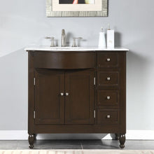 Load image into Gallery viewer, SILKROAD EXCLUSIVE HYP-0902-WM-UWC-38-L 38&quot; Single Bathroom Vanity in Dark Walnut with Carrara White Marble, White Oval Sink, Front View