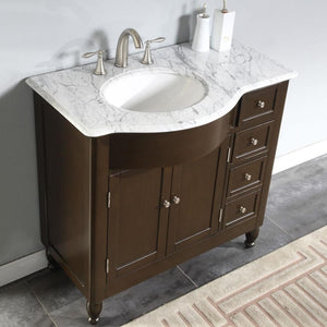 SILKROAD EXCLUSIVE HYP-0902-WM-UWC-38-L 38" Single Bathroom Vanity in Dark Walnut with Carrara White Marble, White Oval Sink, Top Angled View