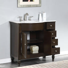 Load image into Gallery viewer, SILKROAD EXCLUSIVE HYP-0902-WM-UWC-38-L 38&quot; Single Bathroom Vanity in Dark Walnut with Carrara White Marble, White Oval Sink, Open Doors and Drawers
