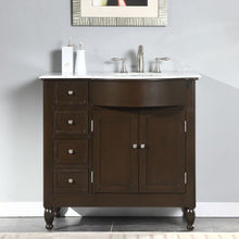 Load image into Gallery viewer, SILKROAD EXCLUSIVE HYP-0902-WM-UWC-38-R 38&quot; Single Bathroom Vanity in Dark Walnut with Carrara White Marble, White Oval Sink, Front View