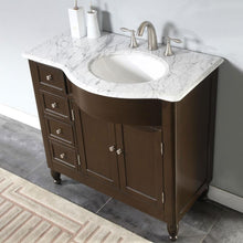 Load image into Gallery viewer, SILKROAD EXCLUSIVE HYP-0902-WM-UWC-38-R 38&quot; Single Bathroom Vanity in Dark Walnut with Carrara White Marble, White Oval Sink, Top Angled View