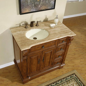 SILKROAD EXCLUSIVE HYP-0904-T-UIC-38-L 38" Single Bathroom Vanity in Walnut with Travertine, Ivory Oval Sink, Top Angled View