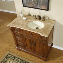 Load image into Gallery viewer, SILKROAD EXCLUSIVE HYP-0904-T-UIC-38-R 38&quot; Single Bathroom Vanity in Walnut with Travertine, Ivory Oval Sink, Top Angled View
