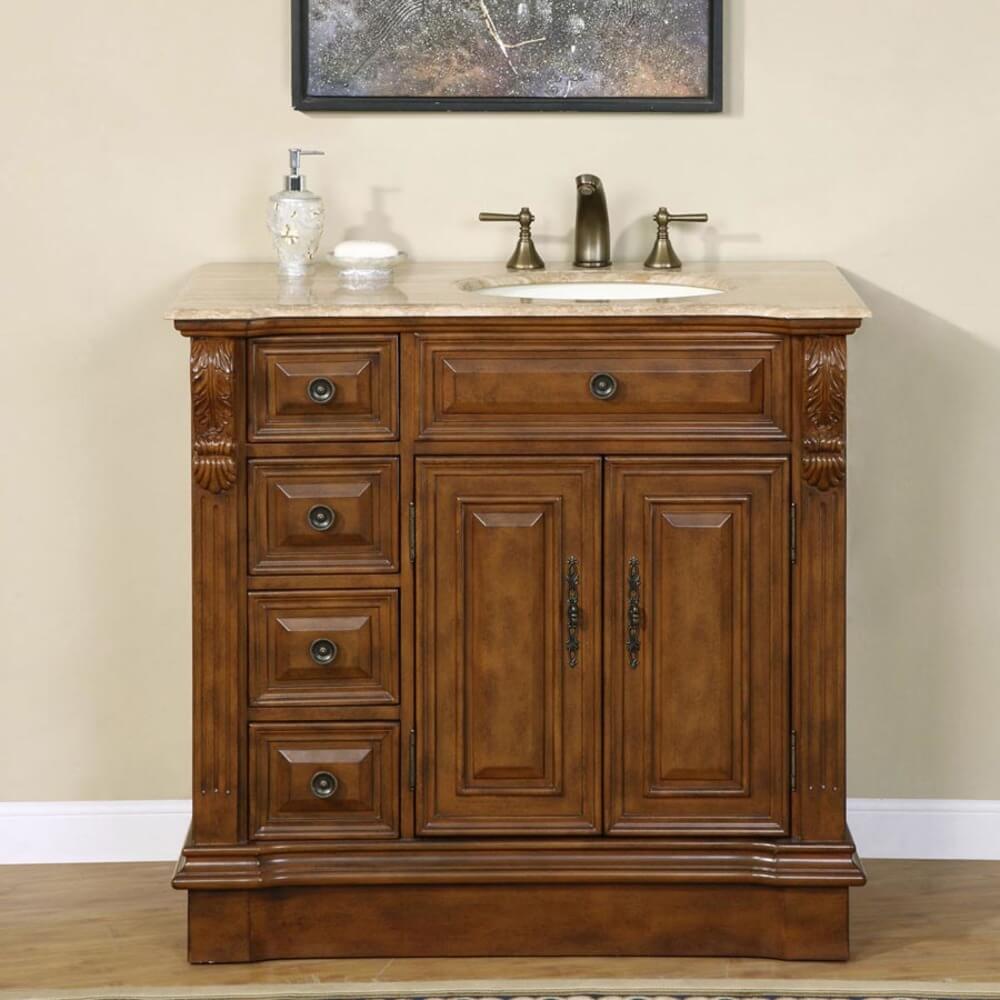 SILKROAD EXCLUSIVE HYP-0904-T-UIC-38-R 38" Single Bathroom Vanity in Walnut with Travertine, Ivory Oval Sink, Front View