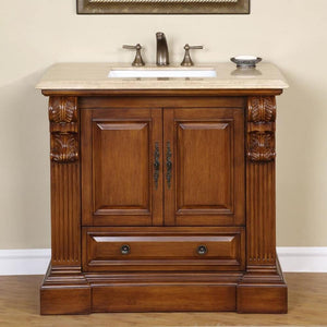 SILKROAD EXCLUSIVE HYP-0907-T-UWC-38 38" Single Bathroom Vanity in Cherry with Travertine, White Oval Sink, Front View