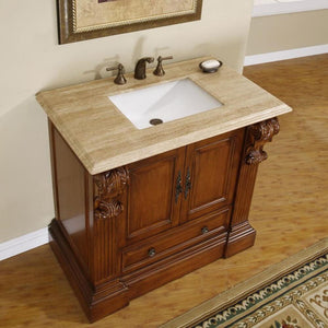 SILKROAD EXCLUSIVE HYP-0907-T-UWC-38 38" Single Bathroom Vanity in Cherry with Travertine, White Oval Sink, Top Angled View