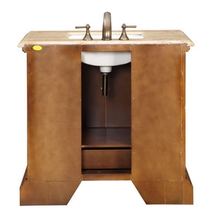 SILKROAD EXCLUSIVE HYP-0907-T-UWC-38 38" Single Bathroom Vanity in Cherry with Travertine, White Oval Sink, Back View