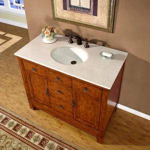 SILKROAD EXCLUSIVE HYP-0911-CM-UWC-42 42" Single Bathroom Vanity in Cherry with Crema Marfil Marble, White Oval Sink, Top Angled View
