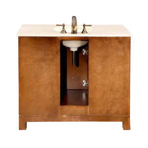 SILKROAD EXCLUSIVE HYP-0911-CM-UWC-42 42" Single Bathroom Vanity in Cherry with Crema Marfil Marble, White Oval Sink, Back View
