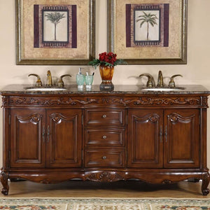 SILKROAD EXCLUSIVE HYP-8034-BB-UIC-72 72" Double Bathroom Vanity in English Chestnut with Baltic Brown Granite, Ivory Oval Sinks, Front View