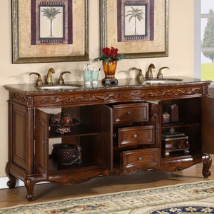 SILKROAD EXCLUSIVE HYP-8034-BB-UIC-72 72" Double Bathroom Vanity in English Chestnut with Baltic Brown Granite, Ivory Oval Sinks, Open Doors and Drawers