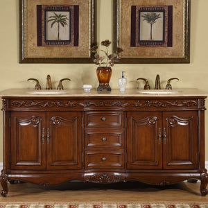 SILKROAD EXCLUSIVE HYP-8034-T-UIC-72 72" Double Bathroom Vanity in English Chestnut with Travertine, Ivory Oval Sinks, Front View