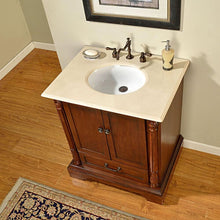 Load image into Gallery viewer, SILKROAD EXCLUSIVE JB-0270-CM-UWC-32 32&quot; Single Bathroom Vanity in Walnut with Crema Marfil Marble, White Oval Sink, Top Angled View