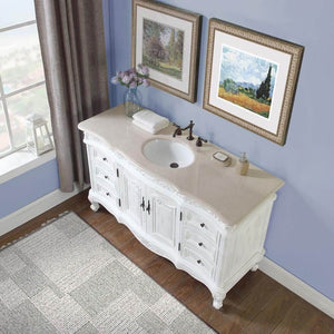 SILKROAD EXCLUSIVE JB-0273-CM-UWC-60 60" Single Bathroom Vanity in Antique White with Crema Marfil Marble, White Oval Sink, Top Angled View