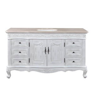 SILKROAD EXCLUSIVE JB-0273-CM-UWC-60 60" Single Bathroom Vanity in Antique White with Crema Marfil Marble, White Oval Sink, Front View no Faucets
