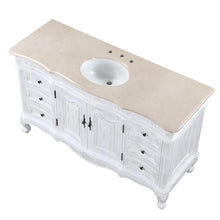 Load image into Gallery viewer, SILKROAD EXCLUSIVE JB-0273-CM-UWC-60 60&quot; Single Bathroom Vanity in Antique White with Crema Marfil Marble, White Oval Sink, Top Angled View no Faucets