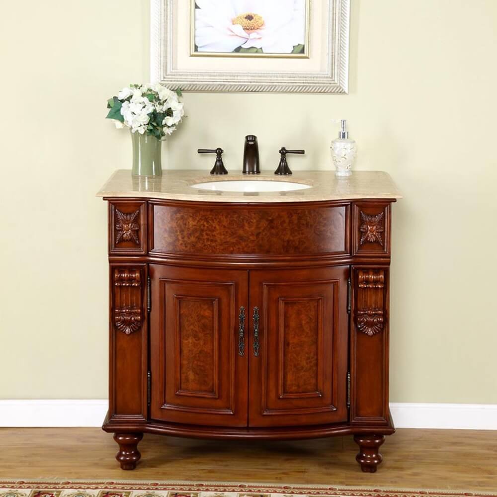 SILKROAD EXCLUSIVE JYP-0192-T-UIC-36 36" Single Bathroom Vanity in Natural Cherry with Travertine, Ivory Oval Sink, Front View