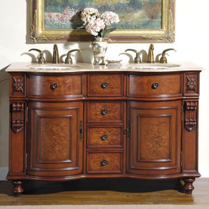 SILKROAD EXCLUSIVE JYP-0192-T-UIC-55 55" Double Bathroom Vanity in Natural Cherry with Travertine, Ivory Oval Sinks, Front View